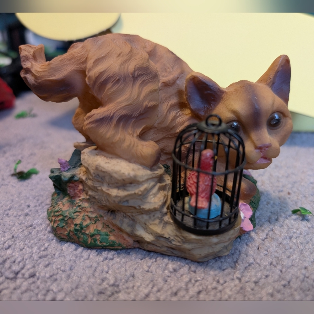 Vintage Striped Ginger Orange Cat And Red Bird Trinket Figure